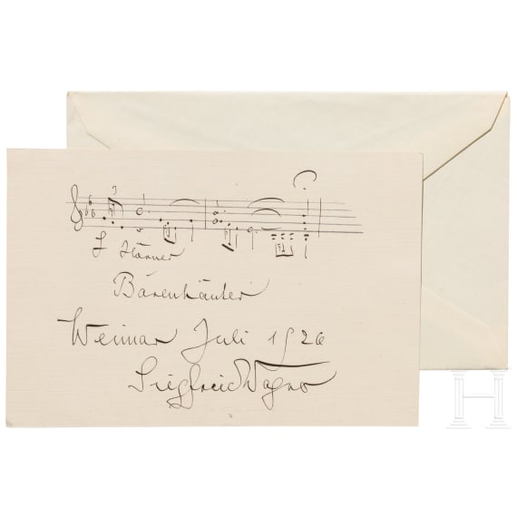 Siegfried Wagner (1869 - 1930) - eigenh&auml;ndige Notenzeile aus seiner Oper "Der B&auml;renh&auml;uter" und Unterschrift auf Karte, datiert "Juli 1926"