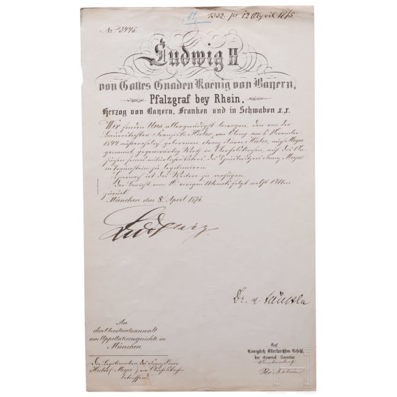 K&ouml;nig Ludwig II. von Bayern - eigenh&auml;ndig signierte Urkunde vom 8. April 1875