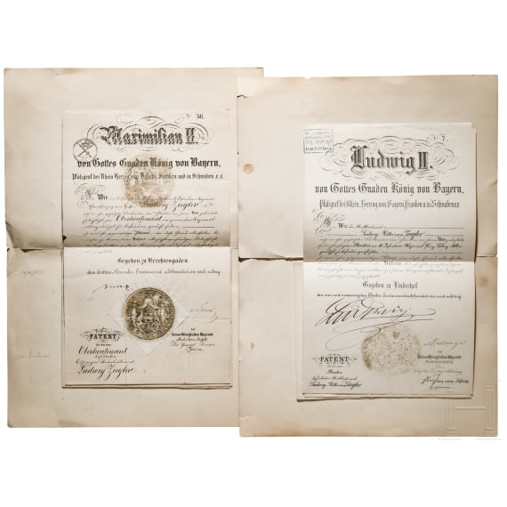 Offizierspatente mit Signatur von Ludwig II. und Max II., Verleihungsurkunde und Fotos zu Generalmajor von Ziegler