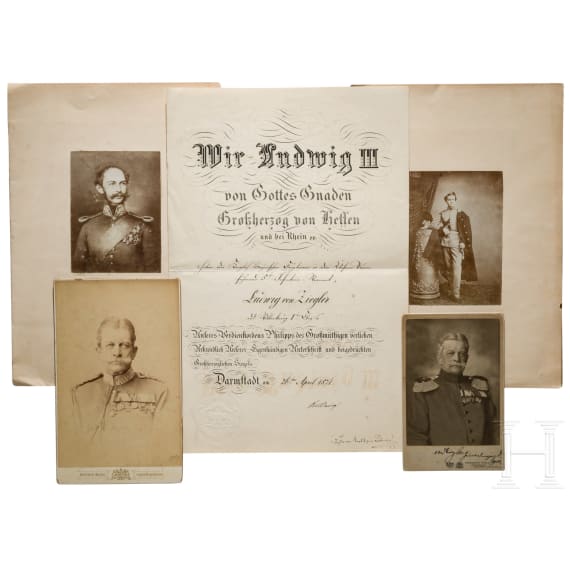 Offizierspatente mit Signatur von Ludwig II. und Max II., Verleihungsurkunde und Fotos zu Generalmajor von Ziegler