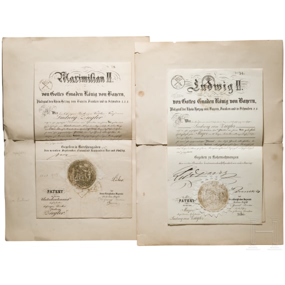 Offizierspatente mit Signatur von Ludwig II. und Max II., Verleihungsurkunde und Fotos zu Generalmajor von Ziegler