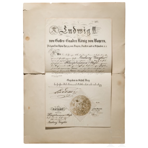 Offizierspatente mit Signatur von Ludwig II. und Max II., Verleihungsurkunde und Fotos zu Generalmajor von Ziegler