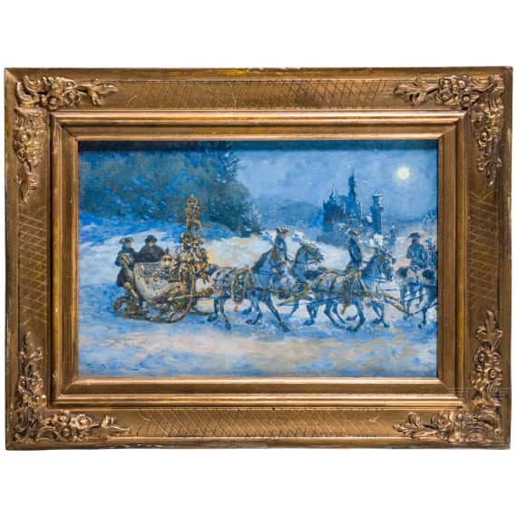 K&ouml;nig Ludwig II. - Schlittenfahrt vor Neuschwanstein, datiert 1898