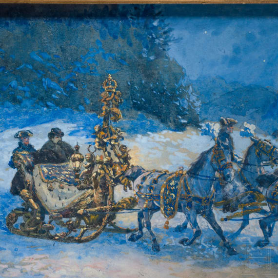 K&ouml;nig Ludwig II. - Schlittenfahrt vor Neuschwanstein, datiert 1898