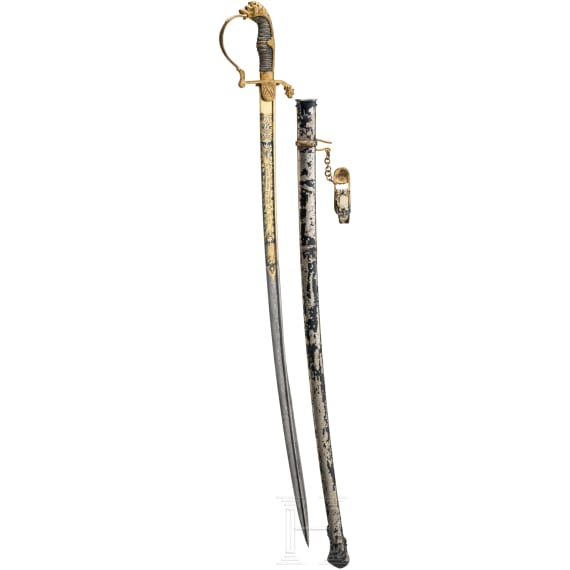 L&ouml;wenkopfs&auml;bel mit goldge&auml;tzter Damastklinge "Cassel 1890 - F. von Trott zu Solz s/l. Reum"