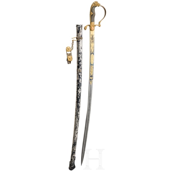 L&ouml;wenkopfs&auml;bel mit goldge&auml;tzter Damastklinge "Cassel 1890 - F. von Trott zu Solz s/l. Reum"
