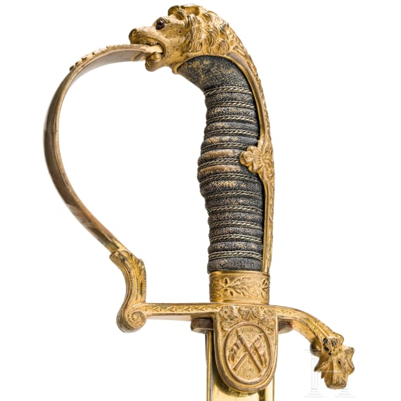 L&ouml;wenkopfs&auml;bel mit goldge&auml;tzter Damastklinge "Cassel 1890 - F. von Trott zu Solz s/l. Reum"
