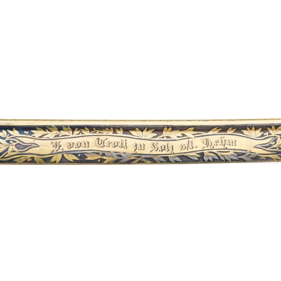 L&ouml;wenkopfs&auml;bel mit goldge&auml;tzter Damastklinge "Cassel 1890 - F. von Trott zu Solz s/l. Reum"