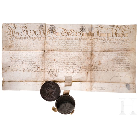 K&ouml;nig Friedrich I. von Preu&szlig;en (1657 - 1713) - Lehnsbrief f&uuml;r Paschen Ramin f&uuml;r L&auml;ndereien bei Neustadt an der Dosse, mit eigenh&auml;ndiger Unterschrift des K&ouml;nigs, datiert 12. August 1705