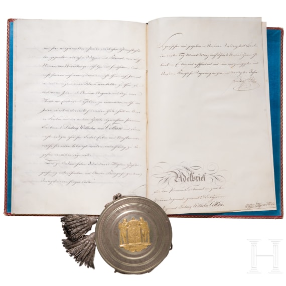 K&ouml;nig Friedrich Wilhelm III. von Preu&szlig;en (1770 - 1840) - Adelsbrief f&uuml;r den Premier-Lieutenant Ludwig Wilhelm Vollard (1793 - 1860) im 2. Leibhusarenregiment, datiert 1. M&auml;rz 1829