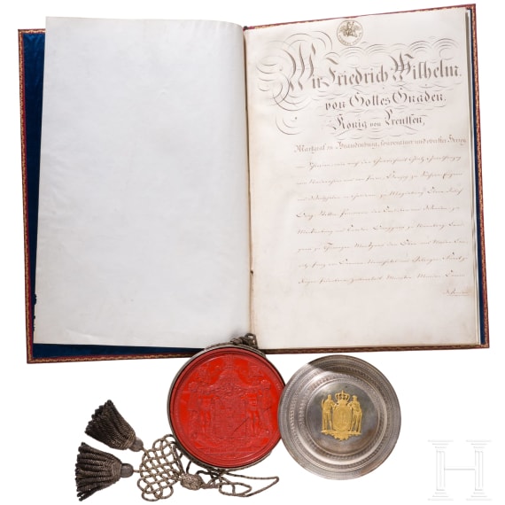 K&ouml;nig Friedrich Wilhelm III. von Preu&szlig;en (1770 - 1840) - Legitimations-Patent zum F&uuml;hren des v&auml;terlichen Namens und Wappens f&uuml;r den unehelichen Sohn eines verstorbenen Lieutenants, datiert 13.7.1821