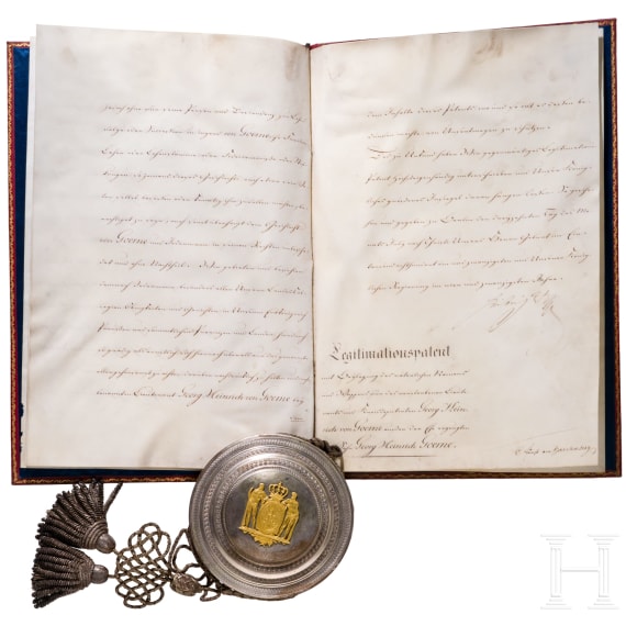 K&ouml;nig Friedrich Wilhelm III. von Preu&szlig;en (1770 - 1840) - Legitimations-Patent zum F&uuml;hren des v&auml;terlichen Namens und Wappens f&uuml;r den unehelichen Sohn eines verstorbenen Lieutenants, datiert 13.7.1821