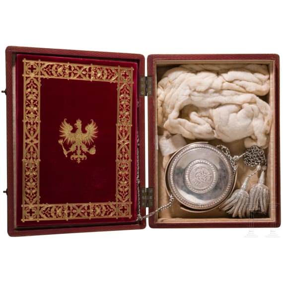 K&ouml;nig Wilhelm I. von Preu&szlig;en (1797 - 1888) - Adelsurkunde f&uuml;r den Bankier August von der Heydt (1801 - 1874), in Prunkkassette, 1863