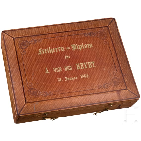 K&ouml;nig Wilhelm I. von Preu&szlig;en (1797 - 1888) - Adelsurkunde f&uuml;r den Bankier August von der Heydt (1801 - 1874), in Prunkkassette, 1863