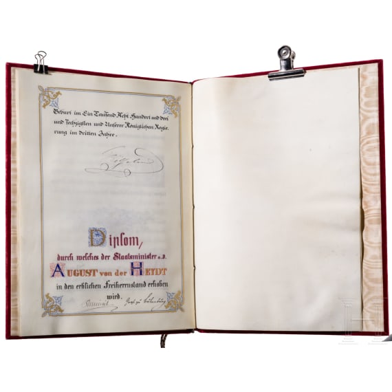 K&ouml;nig Wilhelm I. von Preu&szlig;en (1797 - 1888) - Adelsurkunde f&uuml;r den Bankier August von der Heydt (1801 - 1874), in Prunkkassette, 1863
