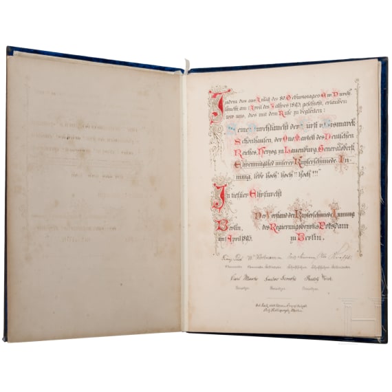 Otto F&uuml;rst von Bismarck (1815 - 1898) - Ehrenmitgliedschafts-Urkunde der Potsdamer Kupferschmiede-Innung zu seinem 80. Geburtstag 1895