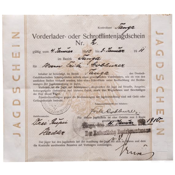 Fritz Coblenzer, Beamter in Deutsch-Ostafrika - Vorderlader- oder Schrotflintenjagdschein, datiert Tanga, 1910