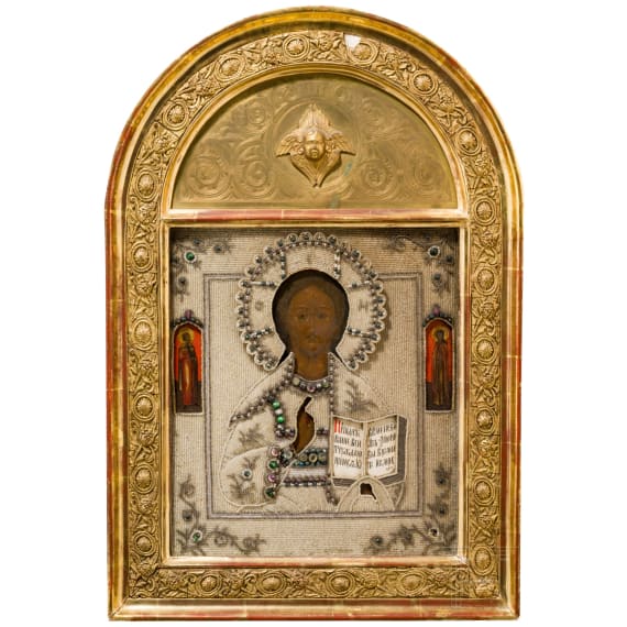 A Russian icon showing Christ Pantokrator with pearl oklad and gilt kiot, late 19th century