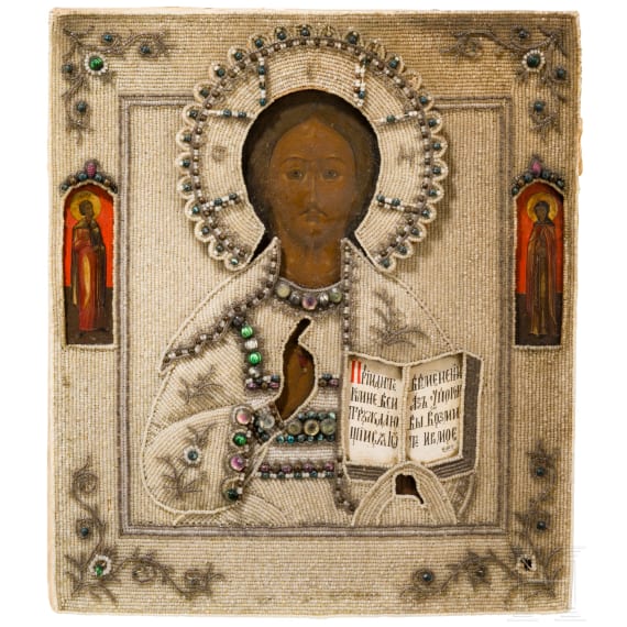 A Russian icon showing Christ Pantokrator with pearl oklad and gilt kiot, late 19th century