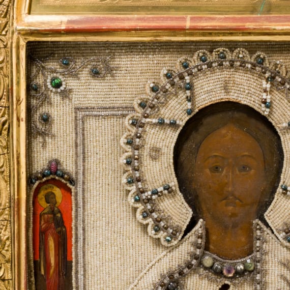 A Russian icon showing Christ Pantokrator with pearl oklad and gilt kiot, late 19th century