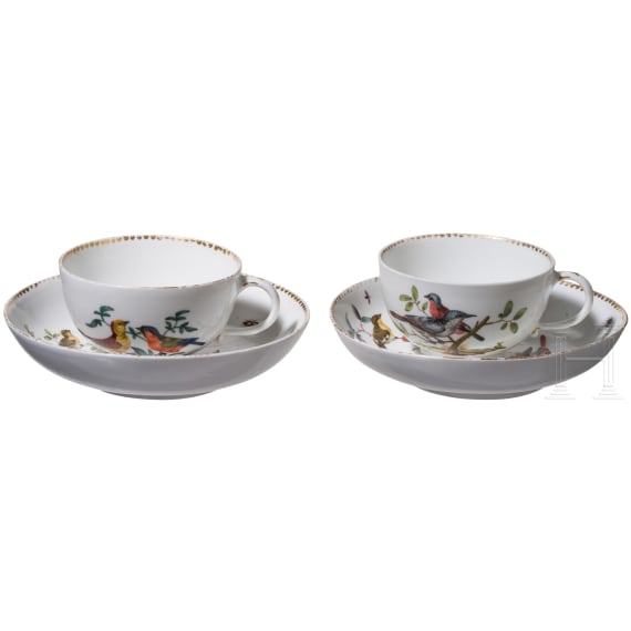 Two porcelain cups with saucers with birds and insects, Meissen, circa 1770/80