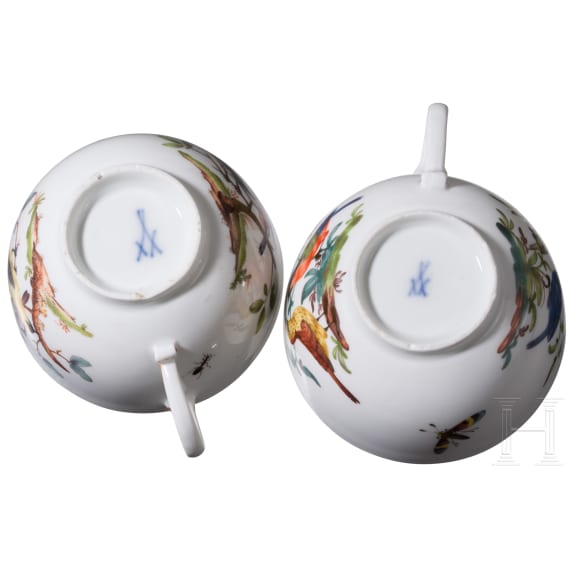Two porcelain cups with saucers with birds and insects, Meissen, circa 1770/80