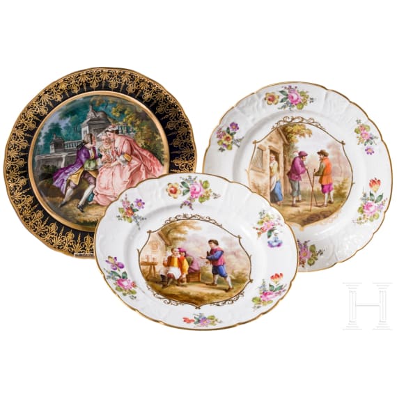 Three porcelain plates, one plate Meissen, circa 1880 (painting later) / two probably Meissen, 19th century