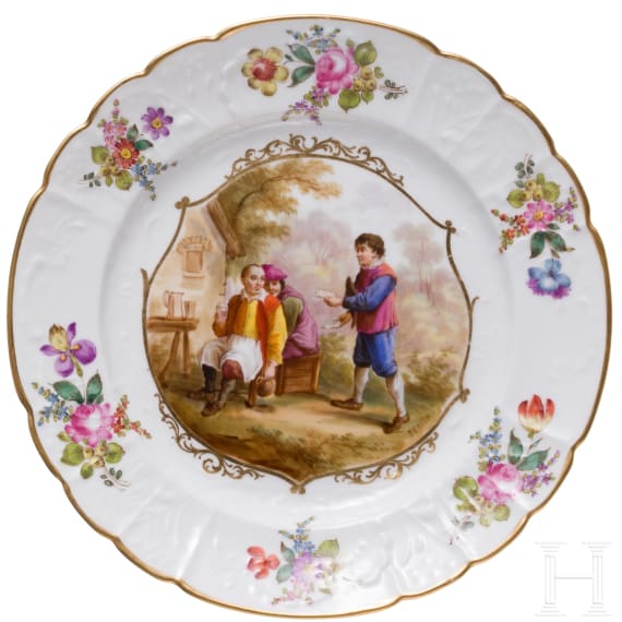 Three porcelain plates, one plate Meissen, circa 1880 (painting later) / two probably Meissen, 19th century