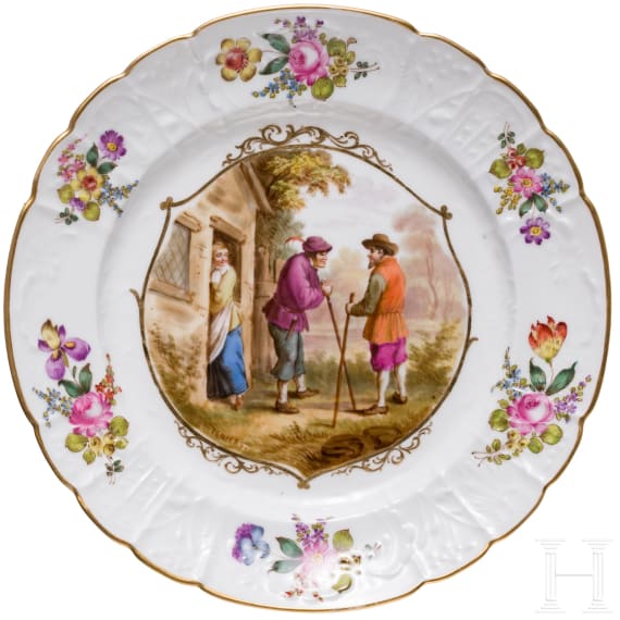 Three porcelain plates, one plate Meissen, circa 1880 (painting later) / two probably Meissen, 19th century