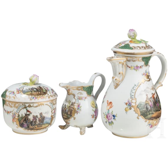 A three-piece porcelain coffee set, Meissen, circa 1810