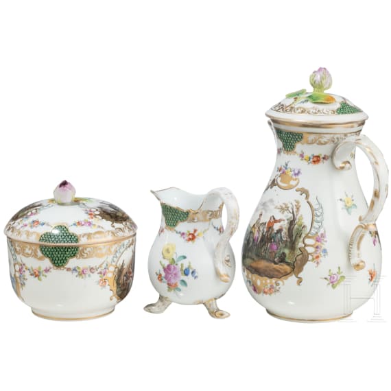 A three-piece porcelain coffee set, Meissen, circa 1810