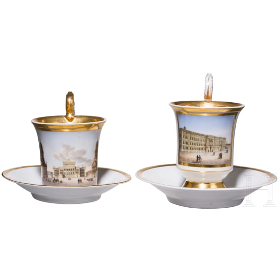 Two porcelain cups with saucers "Schauspielhaus in Berlin" and "Das K&ouml;nigliche Schloss in Berlin", KPM, circa 1840