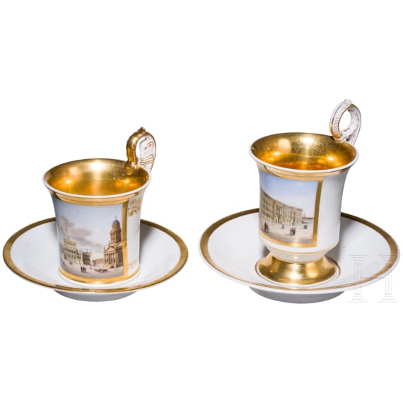 Two porcelain cups with saucers "Schauspielhaus in Berlin" and "Das K&ouml;nigliche Schloss in Berlin", KPM, circa 1840