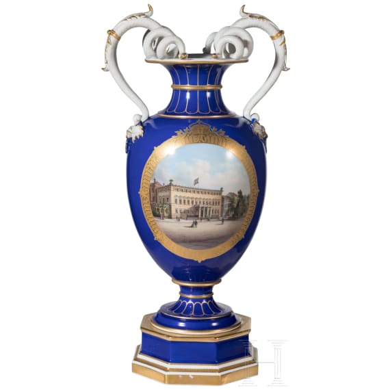 A topographical cobalt-ground amphora vase showing Kaiser Wilhelm Palace, Berlin, KPM, circa 1870/80