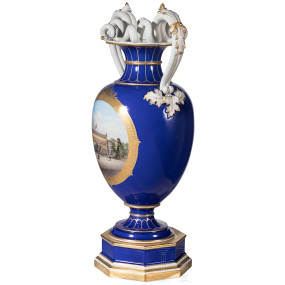 A topographical cobalt-ground amphora vase showing Kaiser Wilhelm Palace, Berlin, KPM, circa 1870/80