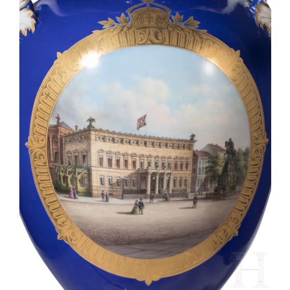 A topographical cobalt-ground amphora vase showing Kaiser Wilhelm Palace, Berlin, KPM, circa 1870/80