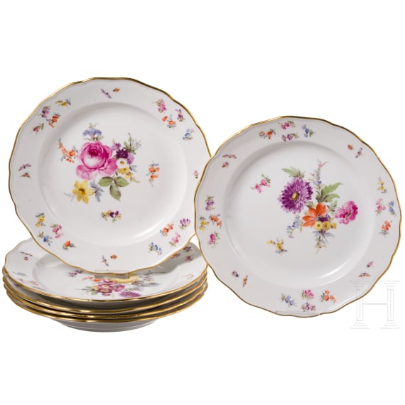 Six porcelain plates with flowers and insects, Meissen, circa 1850/60