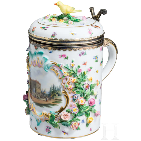 A rare silver-gilt and vermeil porcelain tankard with flowers, birds, insects and a view of Palazzo Pitti in Florence, Meissen, circa 1860