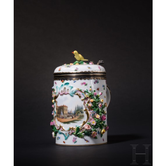 A rare silver-gilt and vermeil porcelain tankard with flowers, birds, insects and a view of Palazzo Pitti in Florence, Meissen, circa 1860