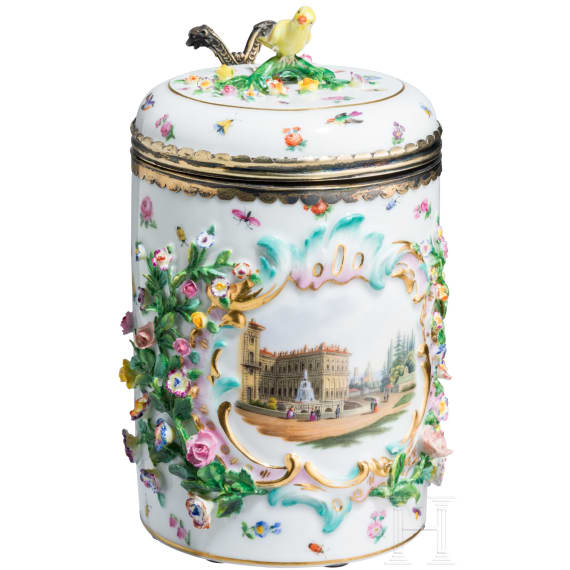 A rare silver-gilt and vermeil porcelain tankard with flowers, birds, insects and a view of Palazzo Pitti in Florence, Meissen, circa 1860
