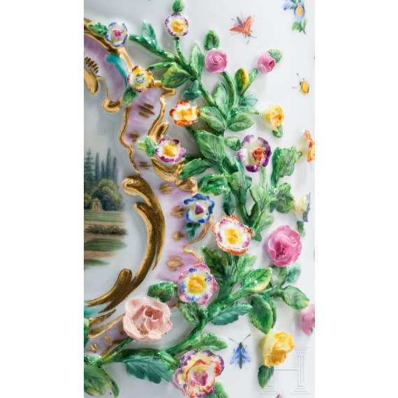 A rare silver-gilt and vermeil porcelain tankard with flowers, birds, insects and a view of Palazzo Pitti in Florence, Meissen, circa 1860