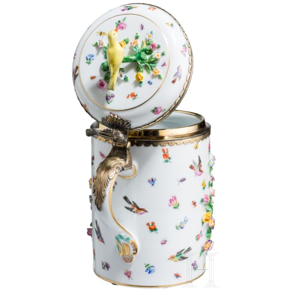 A rare silver-gilt and vermeil porcelain tankard with flowers, birds, insects and a view of Palazzo Pitti in Florence, Meissen, circa 1860