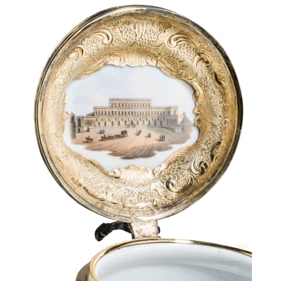A rare silver-gilt and vermeil porcelain tankard with flowers, birds, insects and a view of Palazzo Pitti in Florence, Meissen, circa 1860