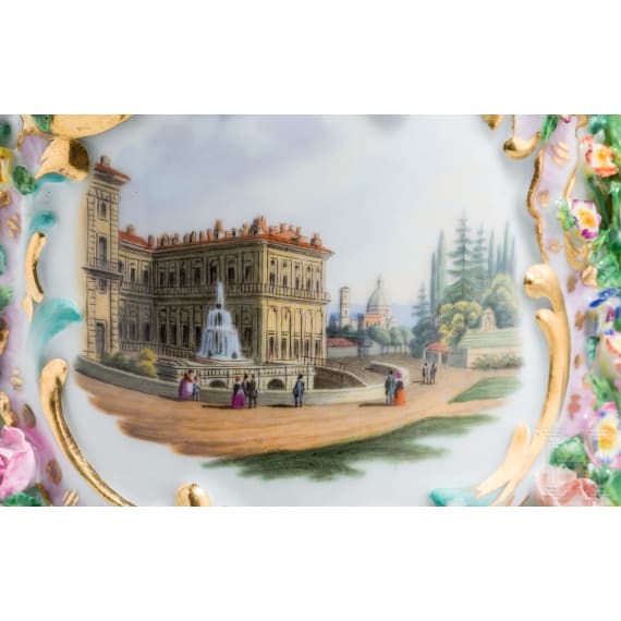 A rare silver-gilt and vermeil porcelain tankard with flowers, birds, insects and a view of Palazzo Pitti in Florence, Meissen, circa 1860