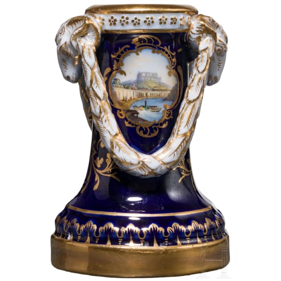 A cobalt blue porcelain candle holder with view of K&ouml;nigstein, Meissen, circa 1880