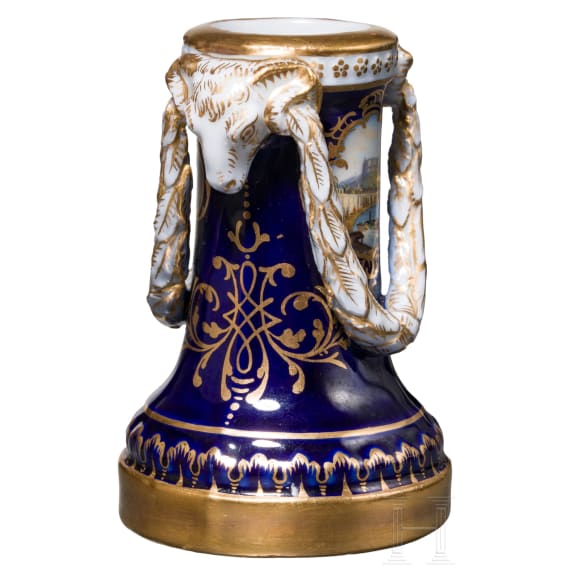 A cobalt blue porcelain candle holder with view of K&ouml;nigstein, Meissen, circa 1880