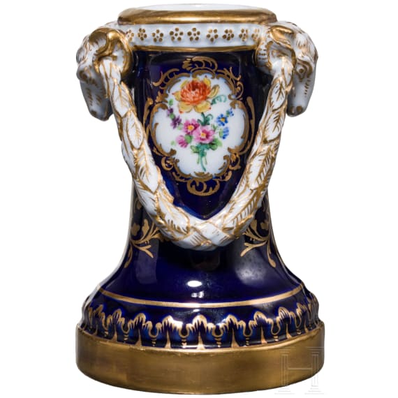 A cobalt blue porcelain candle holder with view of K&ouml;nigstein, Meissen, circa 1880