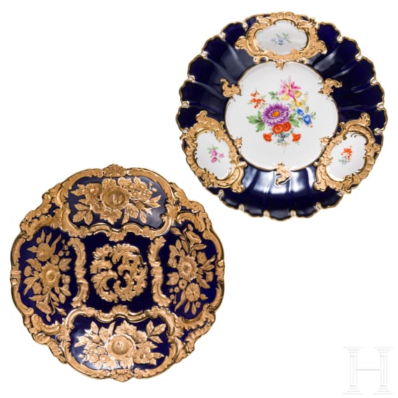 A cobalt blue and gold porcelain bowl and plate, Meissen, 1st half of the 20th century