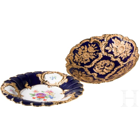 A cobalt blue and gold porcelain bowl and plate, Meissen, 1st half of the 20th century