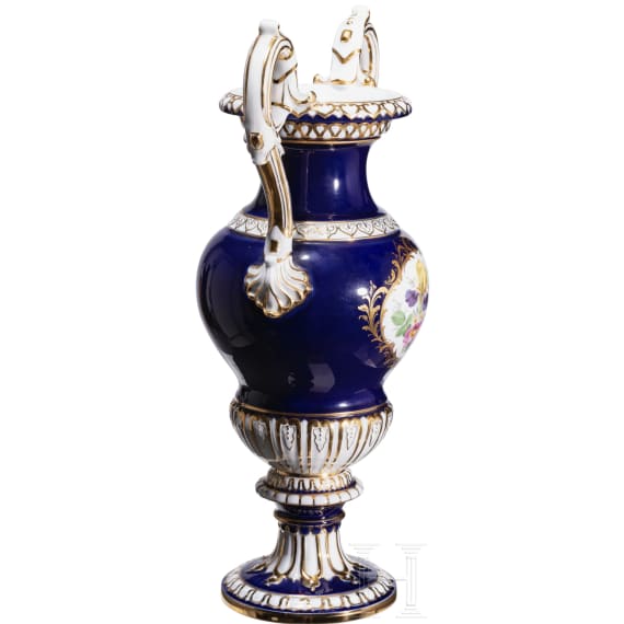 A cobalt-blue porcelain vase with flowers, Ernst August Leuteritz, 1855/60 (design), Meissen, 1924-34 (finish)